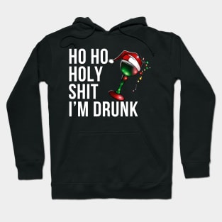 Christmas Humor. Rude, Offensive, Inappropriate Christmas Design. Ho Ho Holy Shit I'm Drunk. White Writing with Christmas Lights Wine Glass and Santa Hat Hoodie